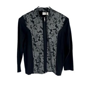 Chicos Sweater Women 3 Extra Large Black White Top Jersey Floral Full Zip Ladies